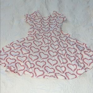Size 3XL (7/8yo) White Dress with Red Heart baseball Pattern